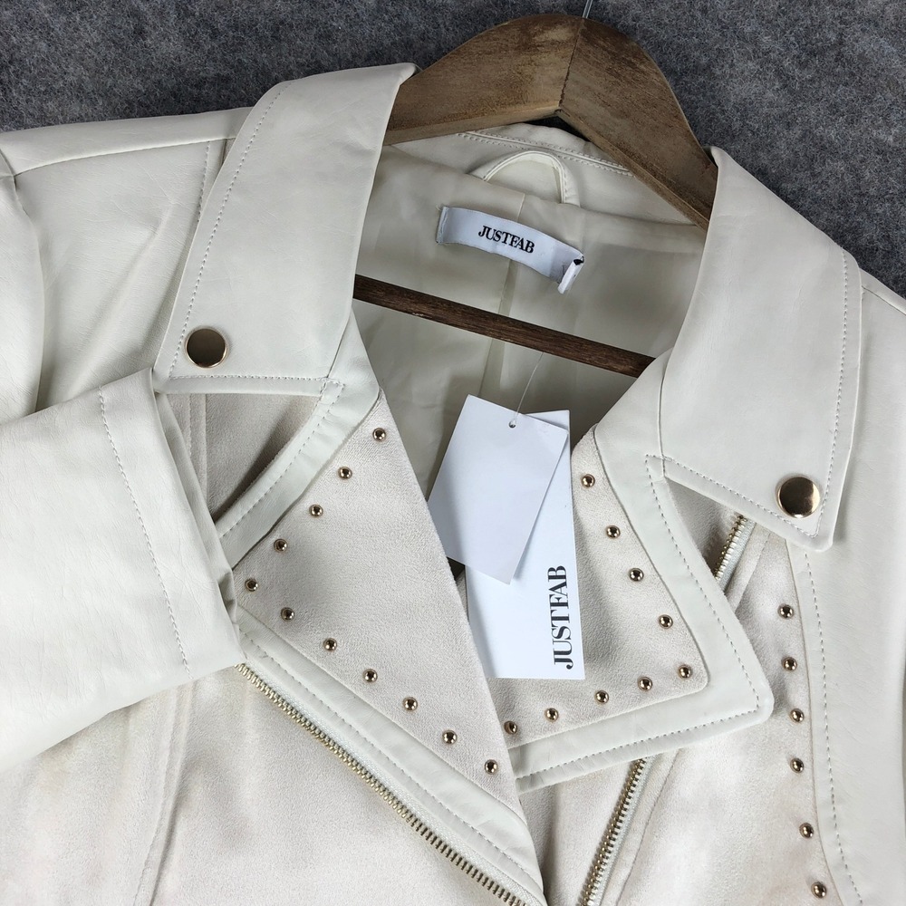 JustFab Women's L Beige Studded Faux Leather Moto Jacket Layering